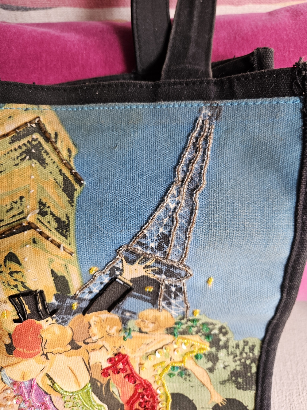 Parisian Scene Embroidered Canvas Tote Bag in Multicolor - Picture 4 of 5